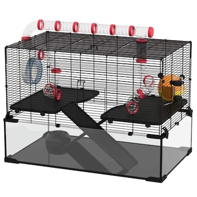Black-Transparent Tempered Glass Hamster Cage with Steel Frame and Accessories - 31" L x 19" W x 22.4" H
