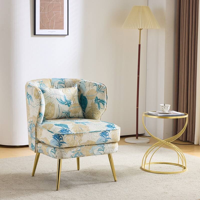 Mid Century Modern Upholstered Reading Chair with Lumbar Pillow, Gold Metal Legs, Small Space Friendly for Living Room Bedroom