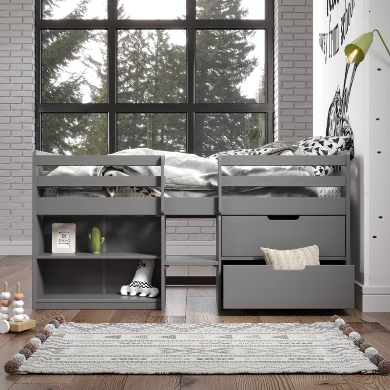 Twin Size Solid Wood Loft Bed with Storage and Fence