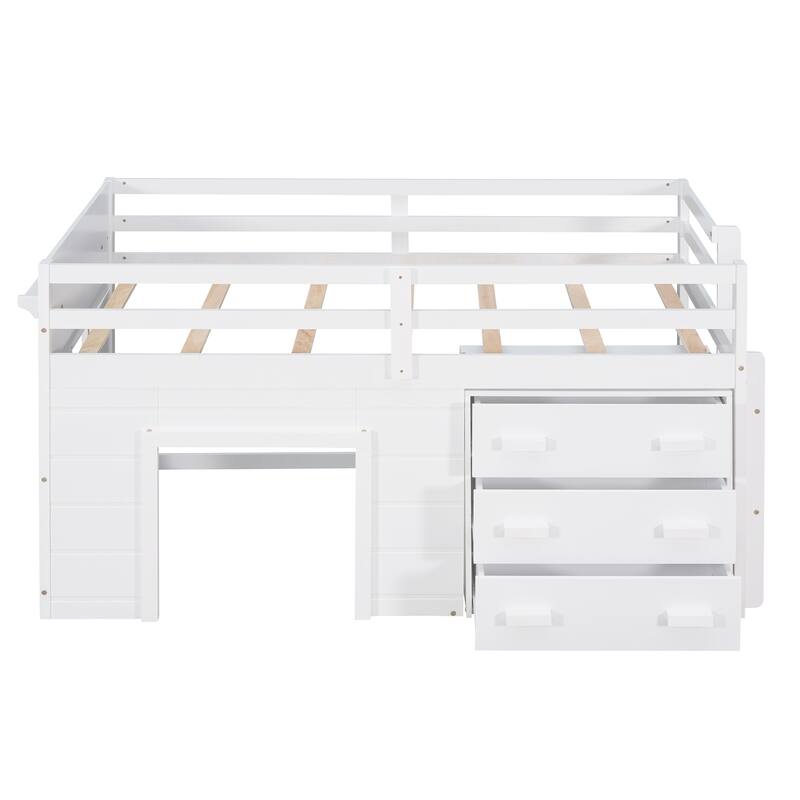 Compact Twin Loft Bed with Cabinet, Shelf, and Storage Drawers in White, Gray, or Espresso
