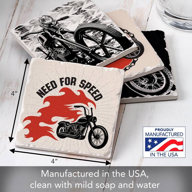 Motorcycles 4-Pack Tumbled Tile Stone Coasters with Protective Cork Backing 4" Square Made in The USA Artistic Absorbent