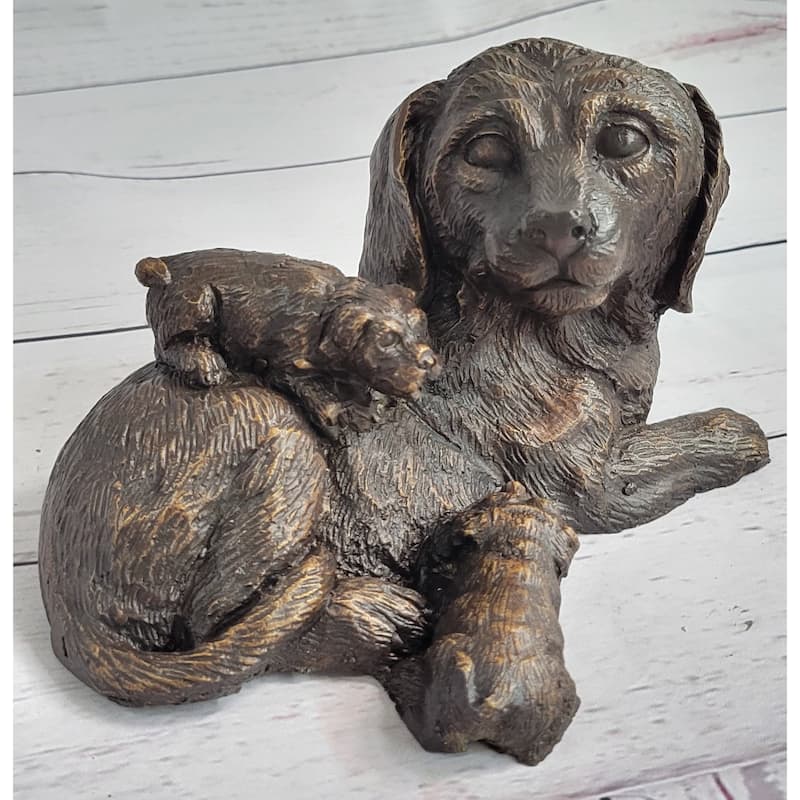 Labrador Retriever And Puppy Bronze Sculpture Imitative Dog Figure Figurine Decor 4 Inches X 8 Inches