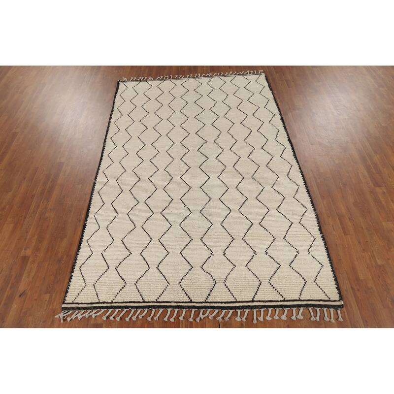 All-Over Geometric Ivory Moroccan Area Rug Handmade Wool Carpet - 6'2"x 9'3"