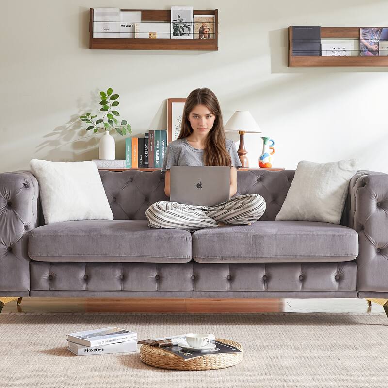 Velvet Upholstered 3 Seater Sofa, Chesterfield Tufted Button Sofa, Lounge Sofa Chair with 2 Pillows & Metal Legs