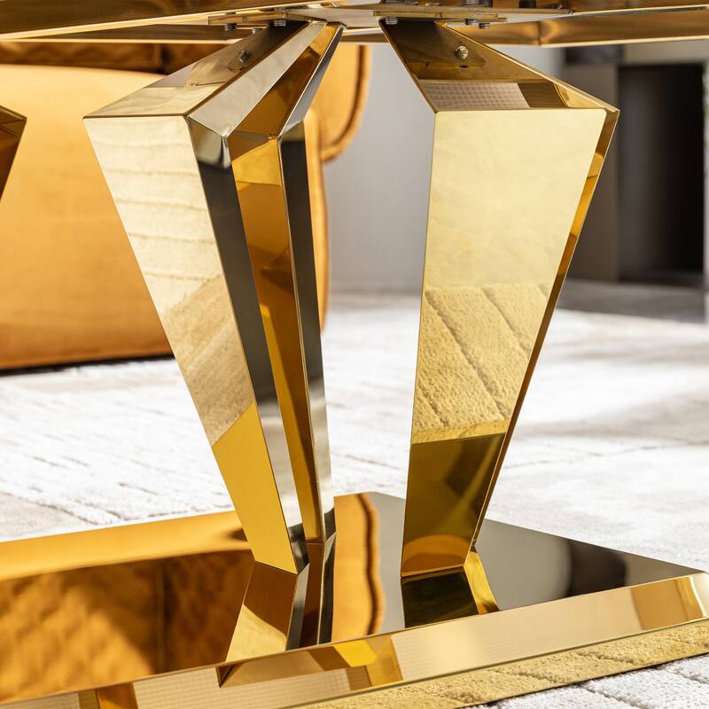 58.18" Modern Rectangular 0.78" Thick MDF Marble Pattern Top,Coffee Table Stainless Steel Base with Gold Mirror Finish