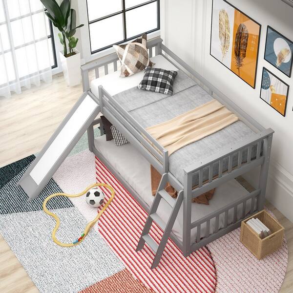 slide 2 of 36, Wooden Bedframe Kids Bunk Bed with Convertible Slide and Ladder, Low Bunkbeds for Kids, Boys, Girls, Teens, No Box Spring Needed Gray - Twin