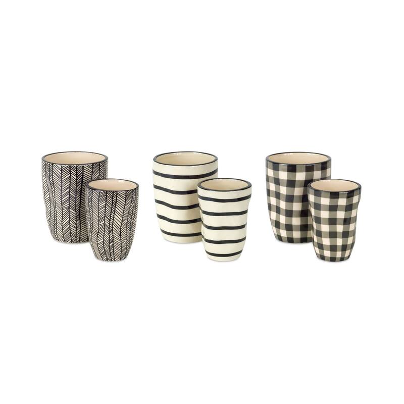 Gingham Patterned Planters - 5" - Cream and Black - Set of 6