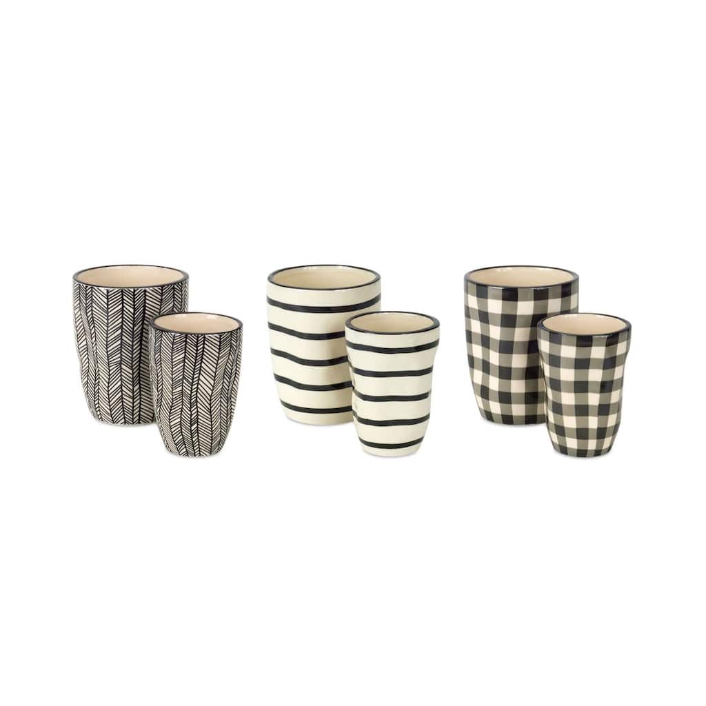 Gingham Patterned Planters - 5" - Cream and Black - Set of 6