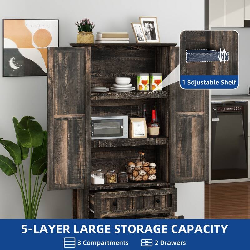 Moasis 64" Farmhouse Tall Kitchen Pantry Storage Cabinet with 2 Drawers & Doors