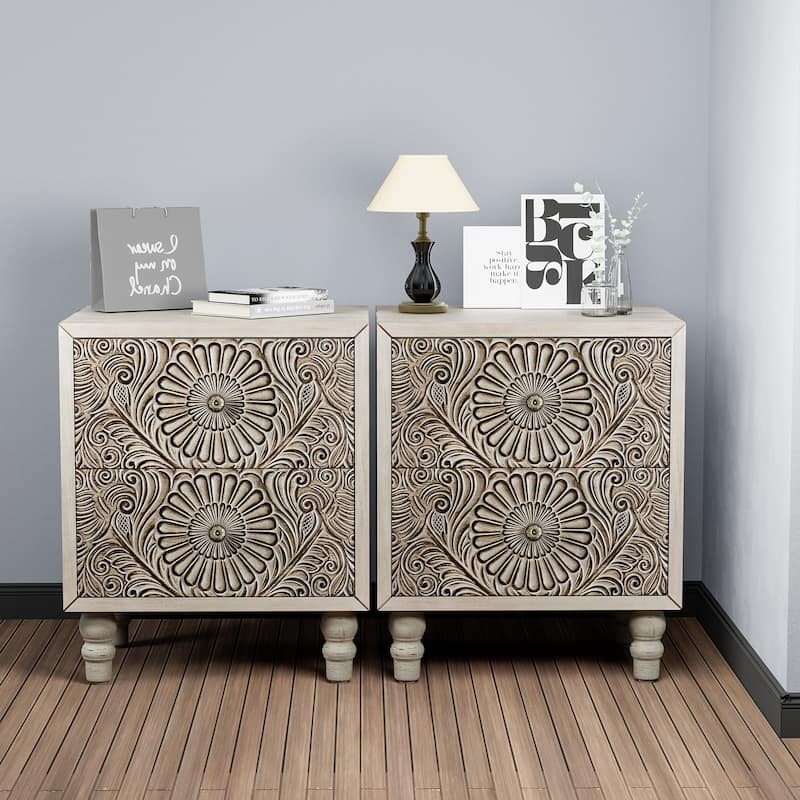 SUNBURY Vintage Solid Wood Nightstand with Drawer - 2PC-Daisy - 2-drawer