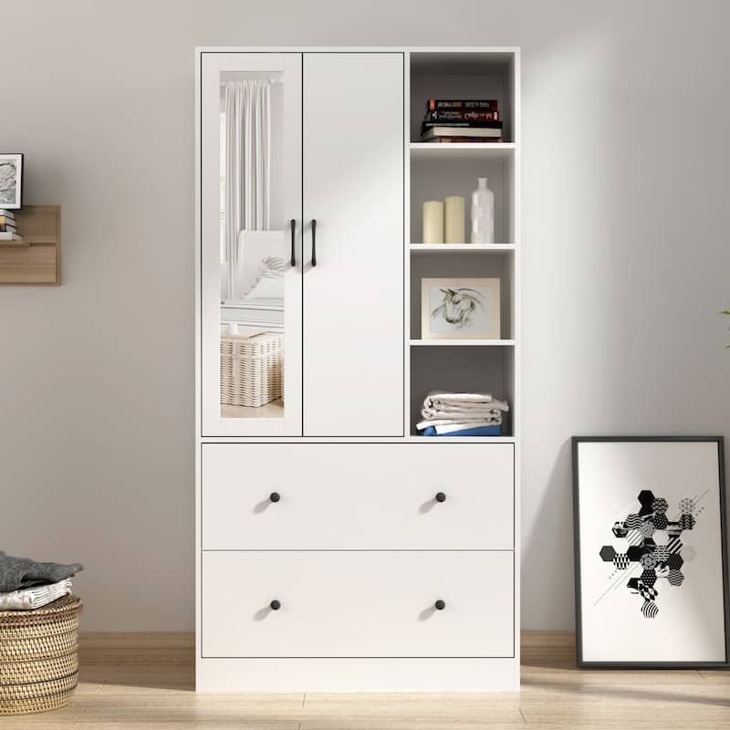 Wardrobe Closet Armoire wi/Mirror & Scalable Hanging Rod Space Saving