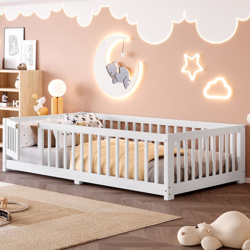 Twin Size Bed Floor Bed with Safety Guardrails and Door for Kids