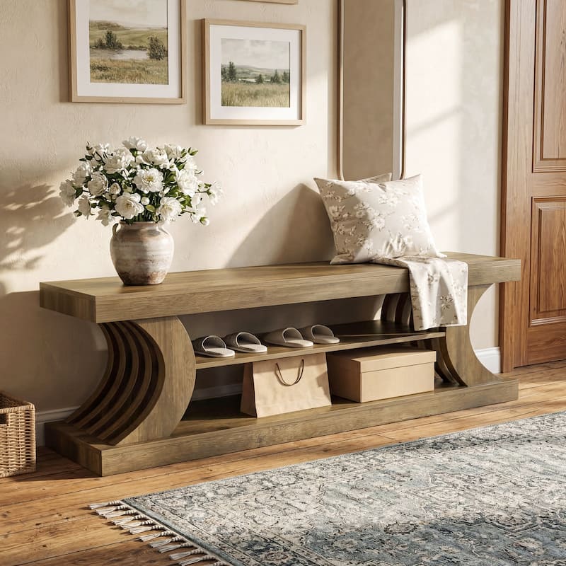 63" Entryway Bench, End of Bed Bench with Open Shelves, Shoe Storage Bench for Bedroom, Foryer, Hallway - Brown