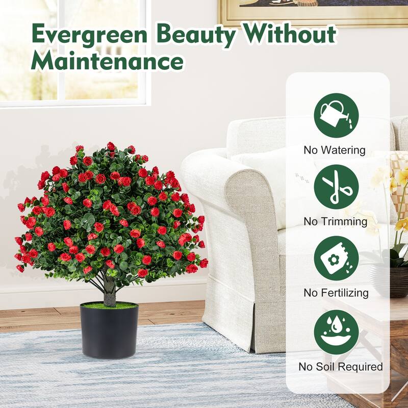 Gymax 2 Pack Artificial Rose Topiary Ball Trees w/PP Cement-Filled - Green & Red & Black