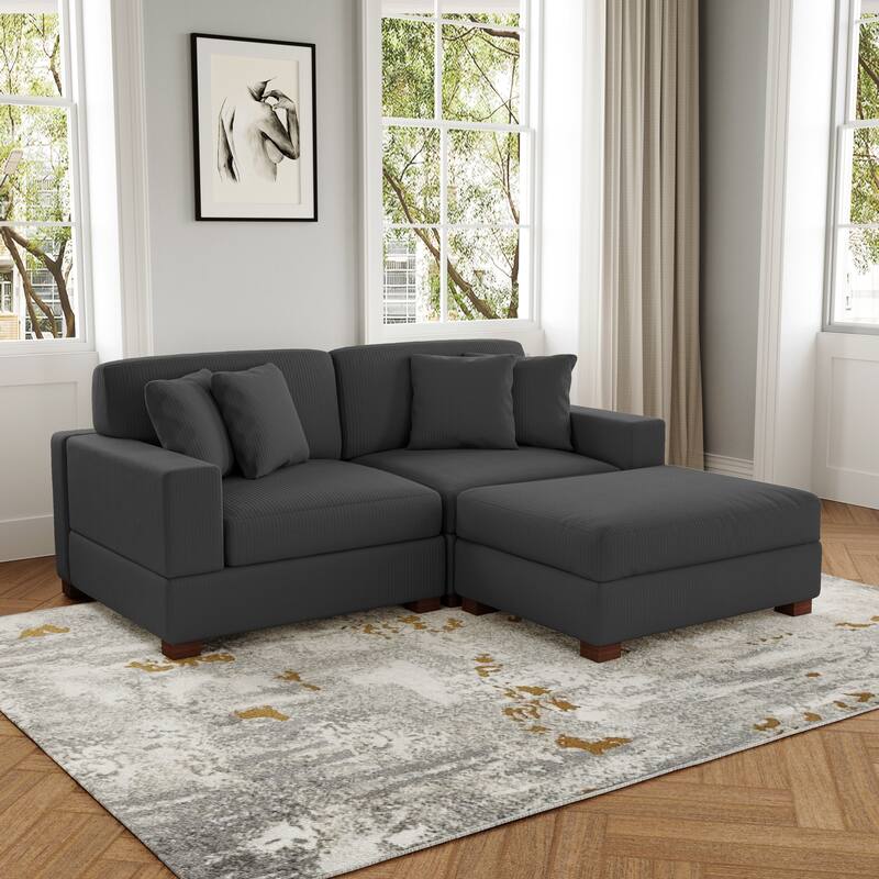 Ella 82" W/ 118" W Corduroy Modular Sectional Sofa with Ottoman