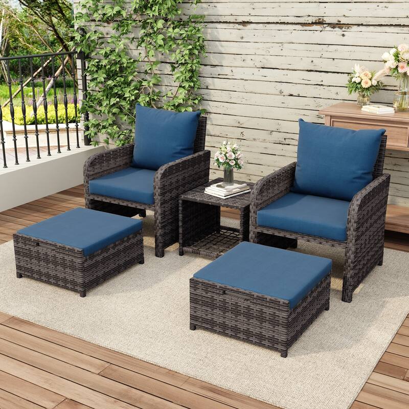 Patio 5 Pieces Rattan Cushioned Conversation Set With Ottoman Coffee Table