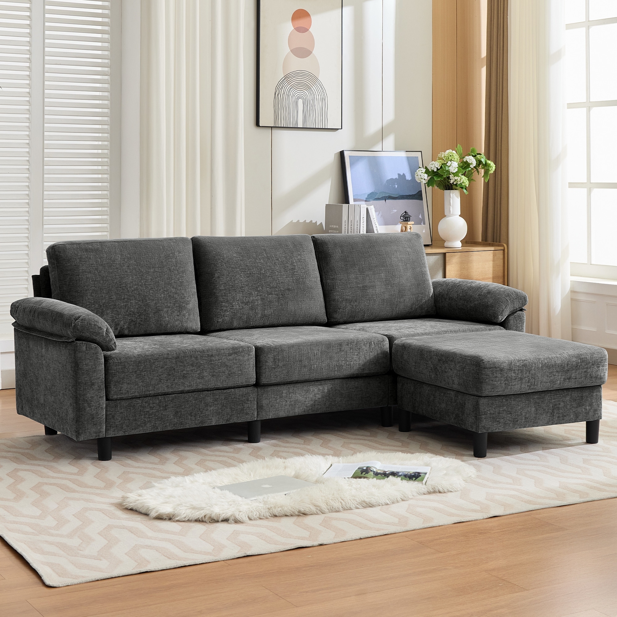 Reversible L-Shaped Chenille 3-Seat Modular Sectional Sofa