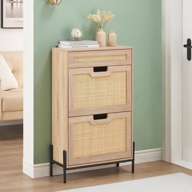 3-Tier Slim Rattan Shoe Storage Cabinet for Entryway Hallway Porch