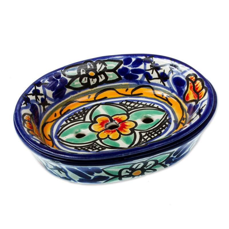 Novica Handmade Cobalt Flowers Ceramic Soap Dish - Multi