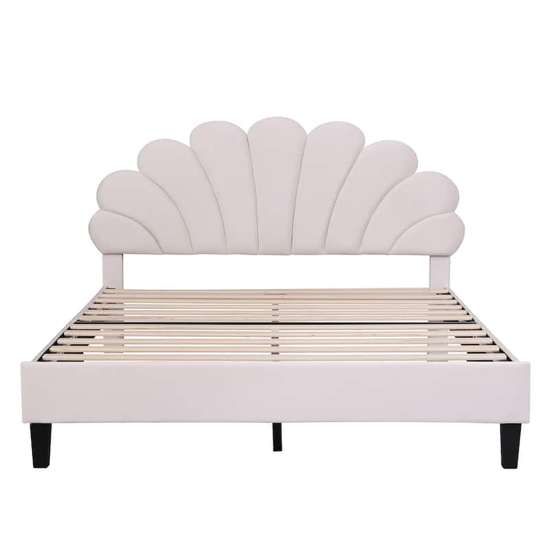 Beige Velvet Queen Size Upholstered Platform Bed with Flower Pattern Headboard, No Box Spring Required