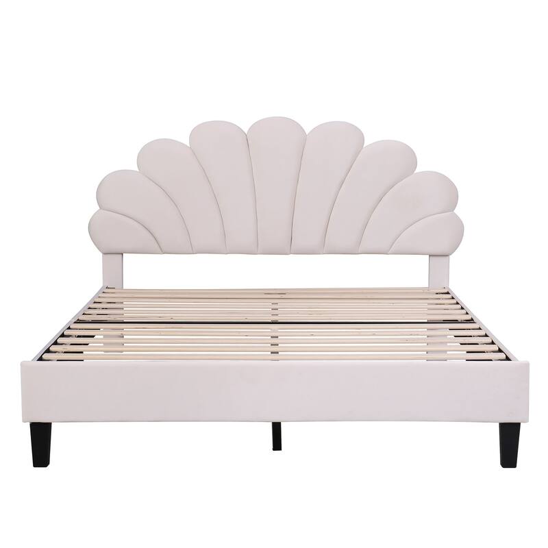 Modern Queen Size Platform Bed, Velvet Upholstered Bed Frame with Flower Pattern Headboard and Solid Wood Slats Support
