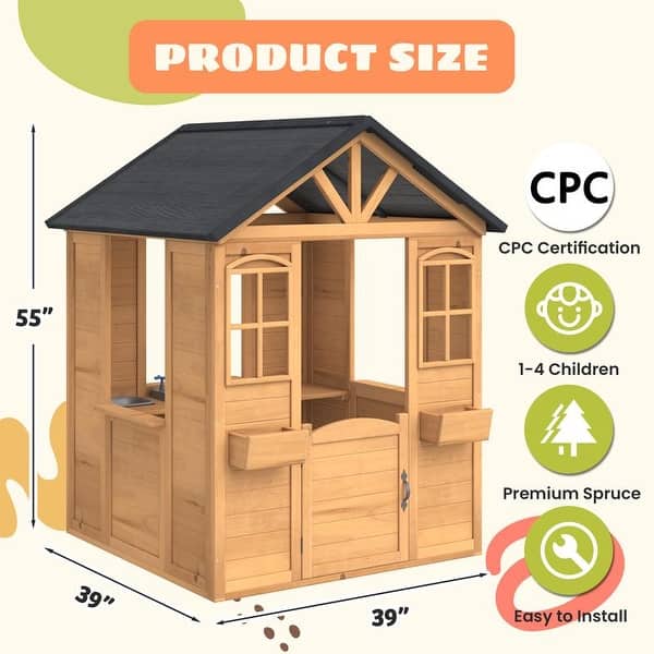 dimension image slide 1 of 2, Kids Wooden Adventure Cottage Playhouse, Outdoor Playhouse with Functional Door, Windows, Service Station and Flower Pot Holders