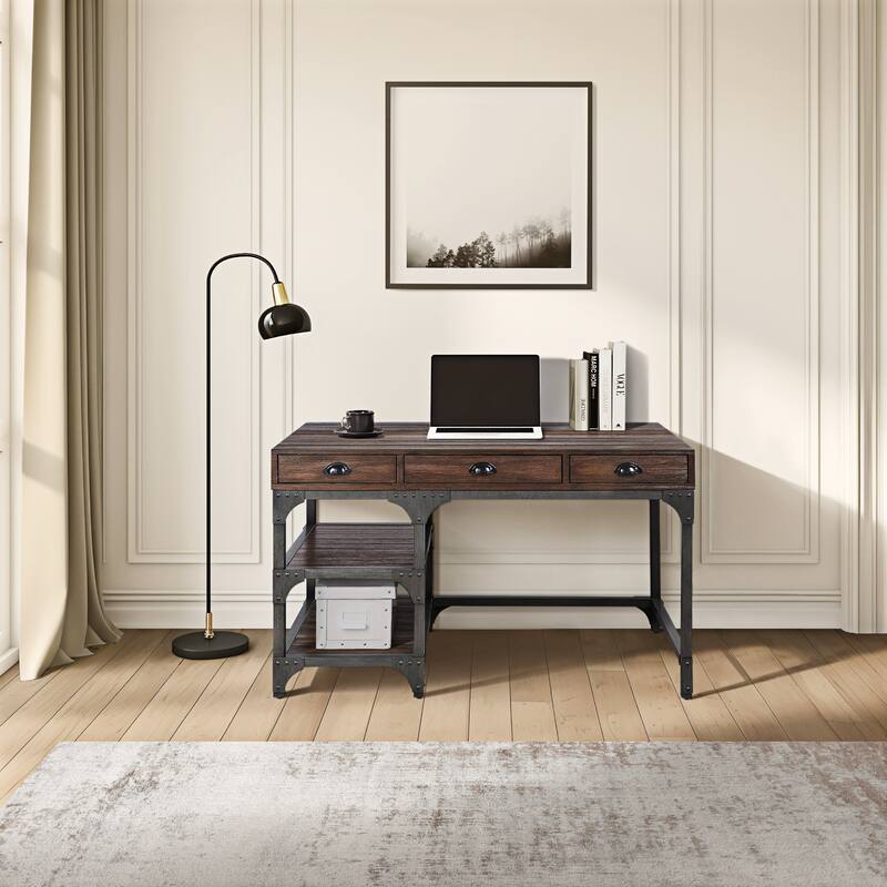 Modern 3-Drawer Writing Desk with Iron Base and Open Storage Compartments for Office or Study Room Organization