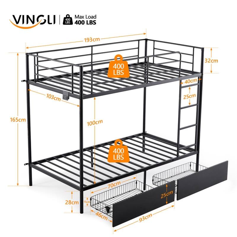Black Twin Bunk Bed with Drawers Outlet Light Strip Iron Bed USA