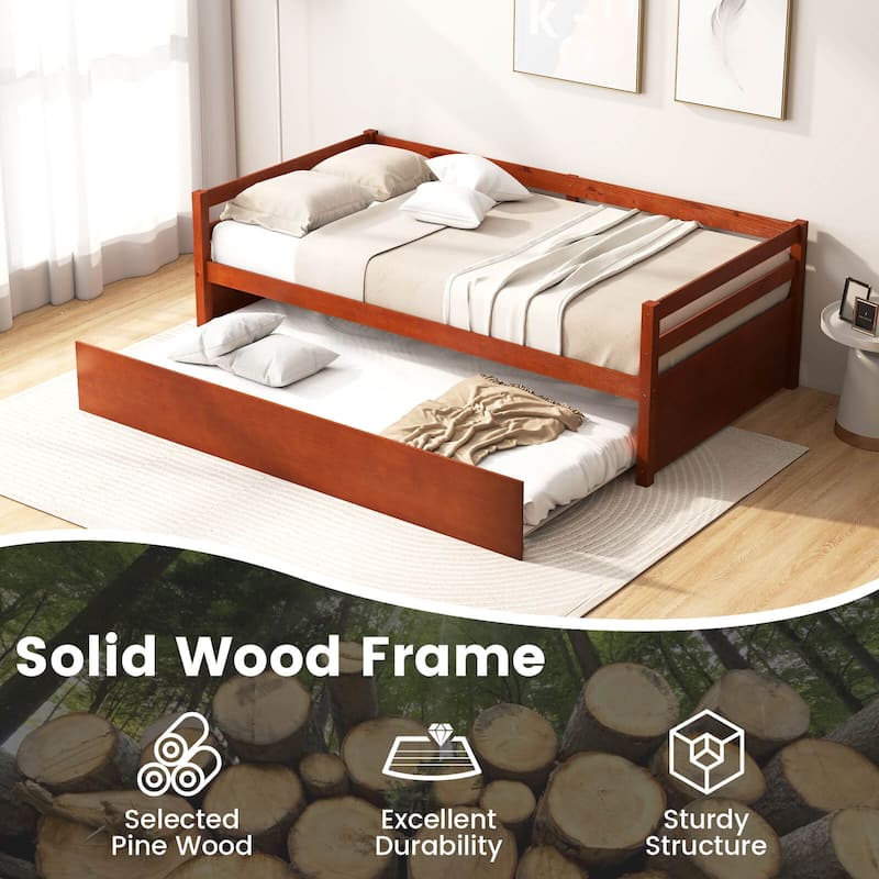 Costway Twin Size Trundle Daybed Wooden Slat Support Mattress Platform