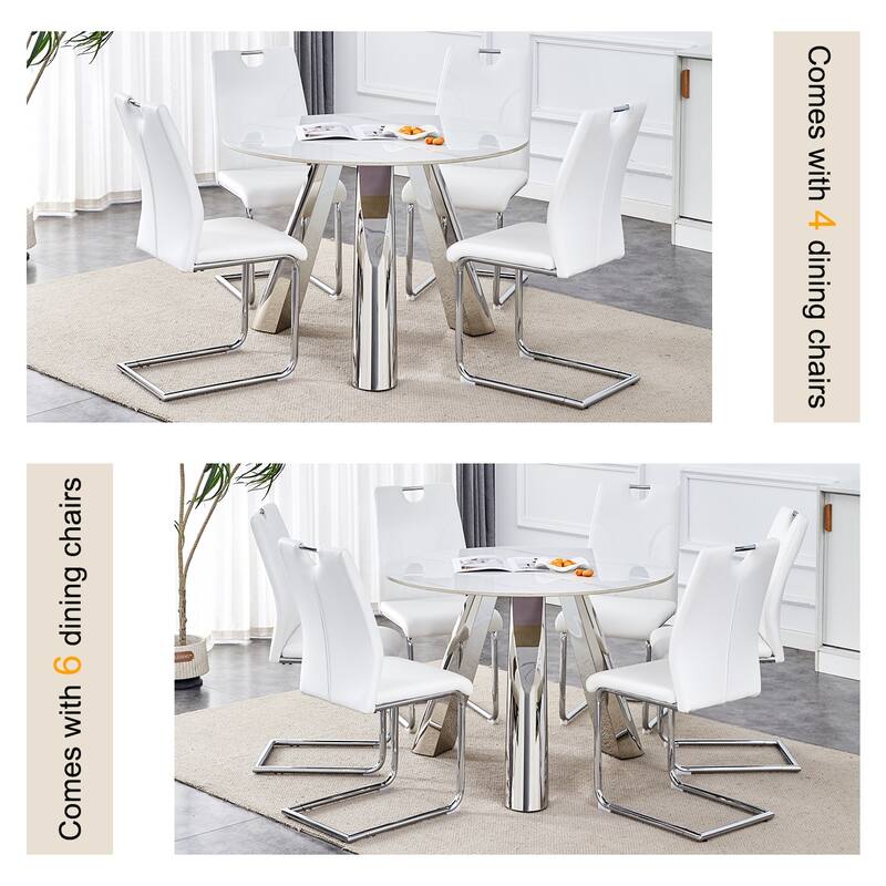 42" Sintered Stone Dining Set Brushed Silver Steel Base 4 PU Upholstered Chairs Modern Luxury Round Table Collection
