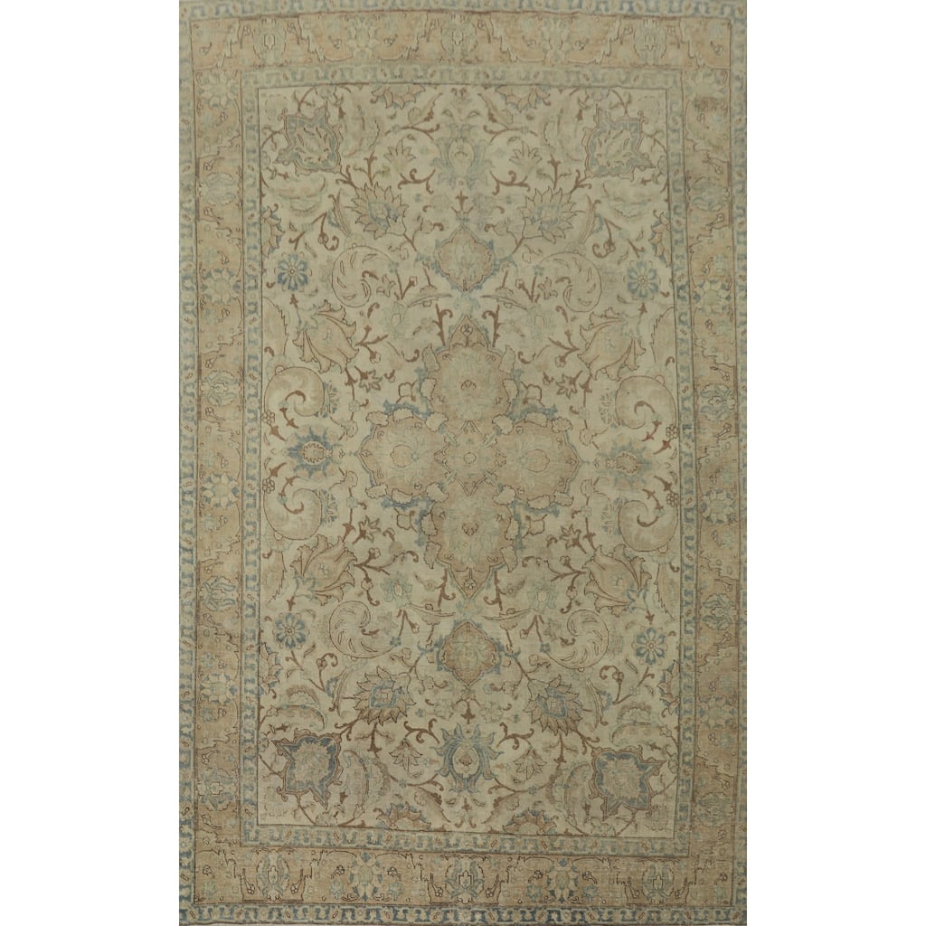 Hand Knotted Oriental 100% Wool Carpet Traditional Floral Beige & Ivories Tabriz Area Rug - 10' 8'' X 7' 5''