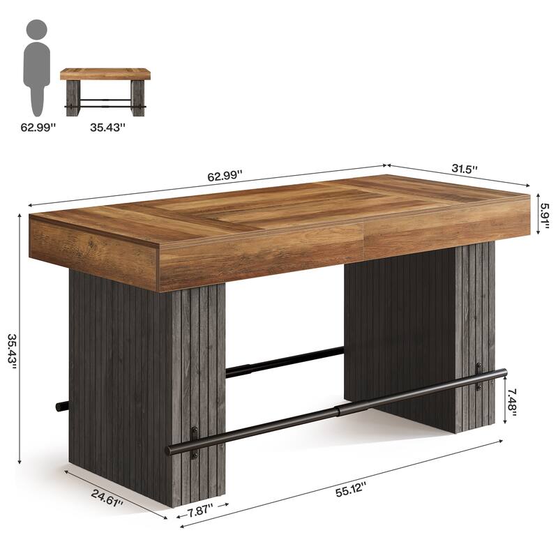 63-Inch Bar Table, Industrial Counter Height Pub Dining Table with Metal Footrest - Rustic Brown