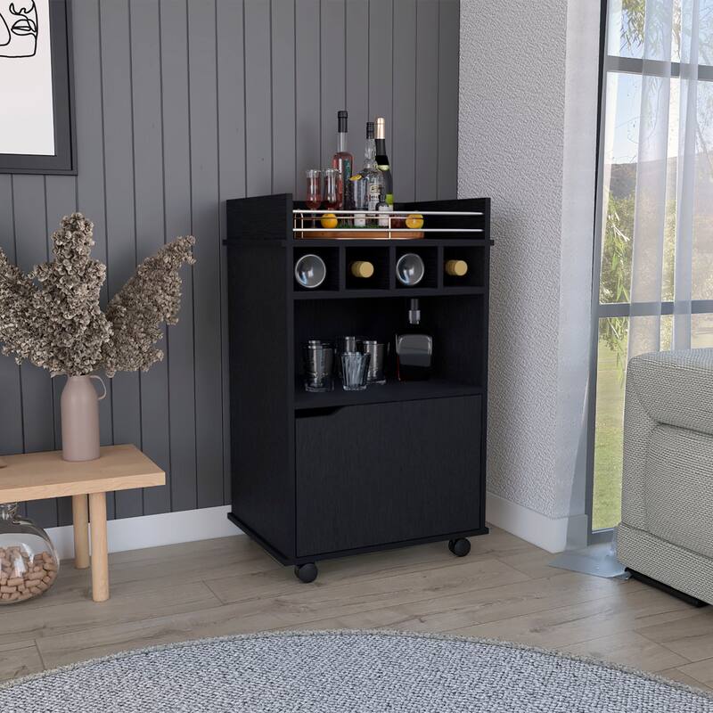 Phoenix Bar Cart with 2 Open Shelves 4 Wine Cubbies and Cabinet - Black