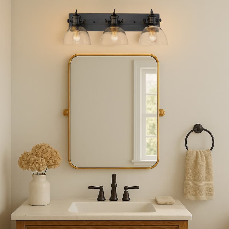 Yep by Golden Lighting Hines 3-light Vanity in Matte Black and Seeded Glass - 23.125"W x 4.625"H x 0.875"E
