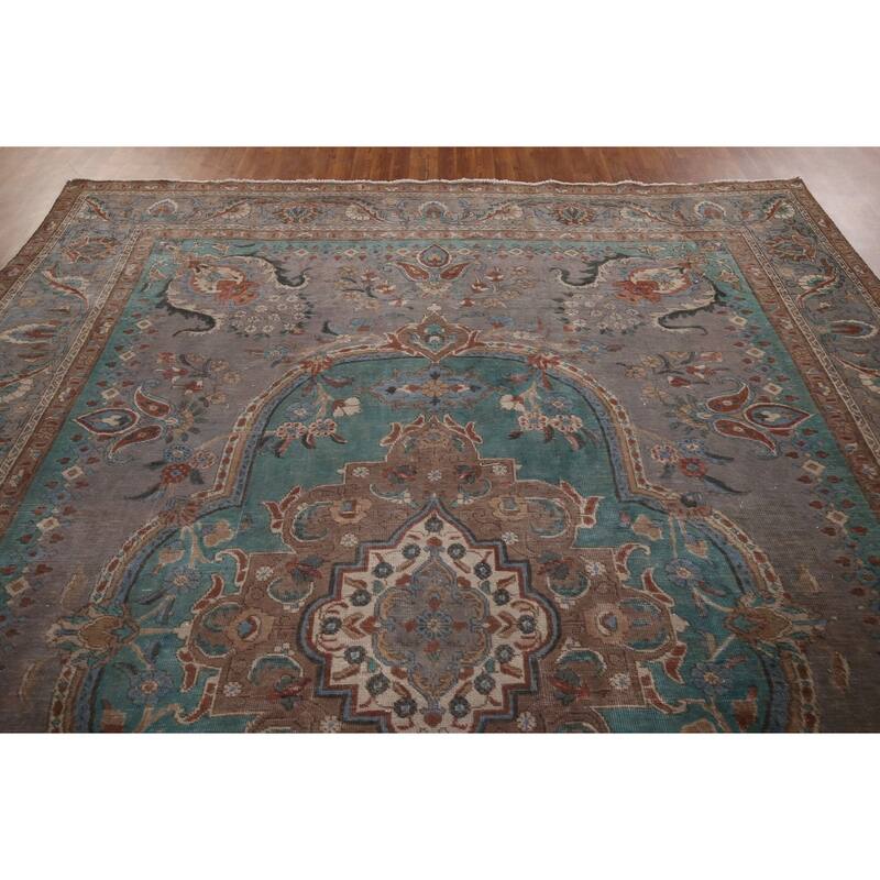 Gray Geometric Tabriz Persian Antique Area Rug Handmade Wool Carpet - 10'1" x 12'7"