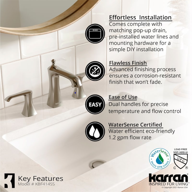 Karran Woodburn Widespread Three-Hole 2-Handle Bathroom Faucet with Matching Pop-Up Drain
