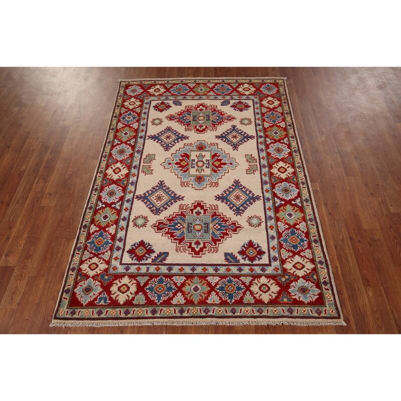 Beige Traditional Kazak Accent Rug Hand-Knotted Wool Carpet - 4'1" x 5'11"