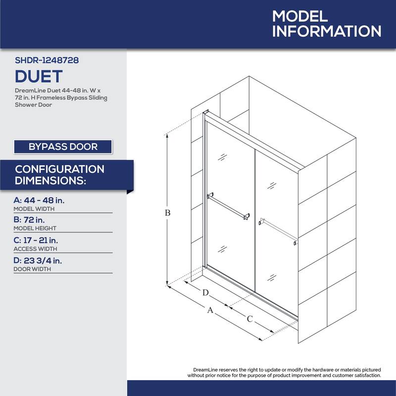 DreamLine Duet 44-48 in. W x 72 in. H Semi-Frameless Bypass Sliding Shower Door - 44" - 48" W - 44" - 48" W