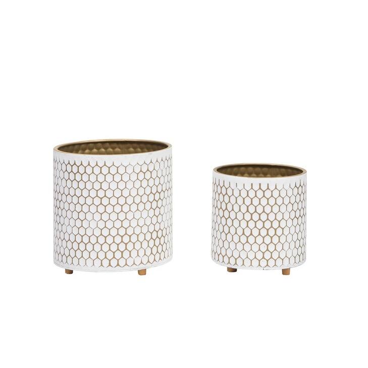 Honeycomb White & Gold Indoor Metal Pot Planter With Peg Leg Base Set - 8.75"H x 8"W x 8"D