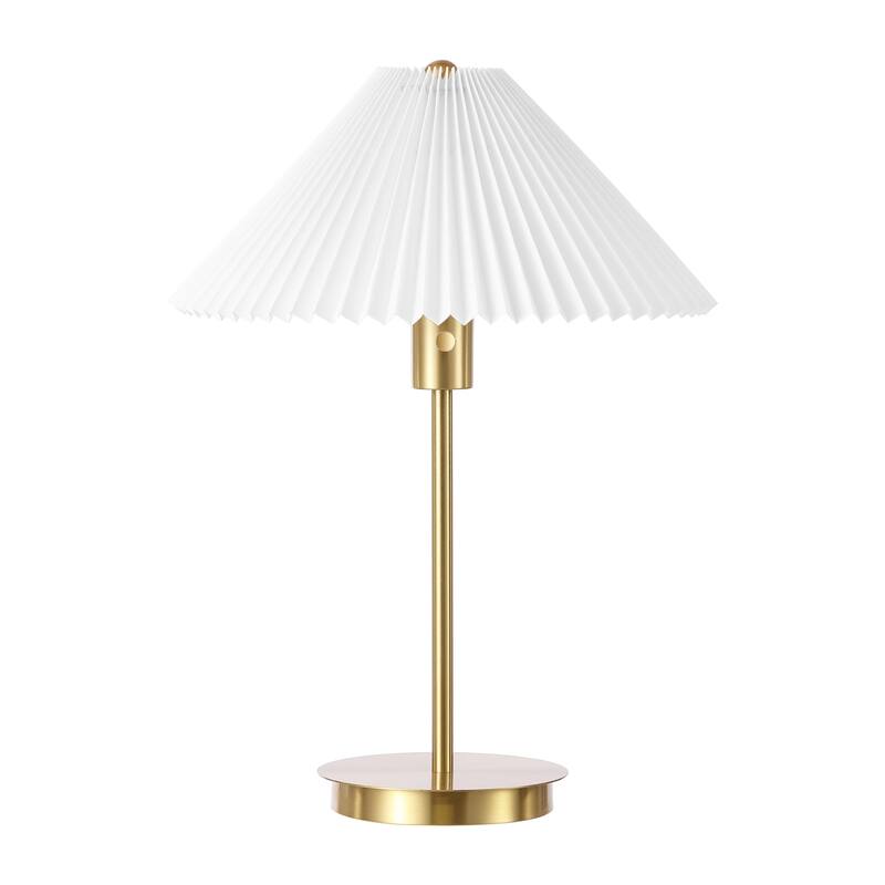 Isla 21.25" Modern Glam Metal Column LED Table Lamp with USB Charging Port and Pleated Shade, Brass Gold/White, by JONATHAN Y