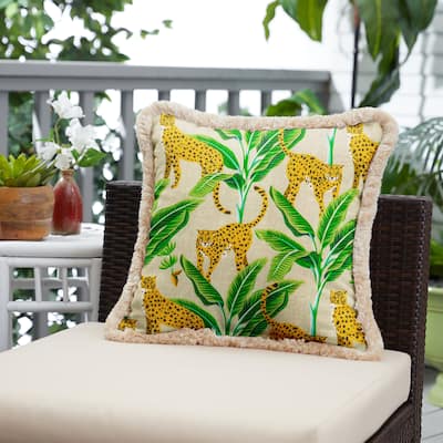 Cheetah Print Indoor/Outdoor Square Pillow with Fringe - 18 in L x 18 in W
