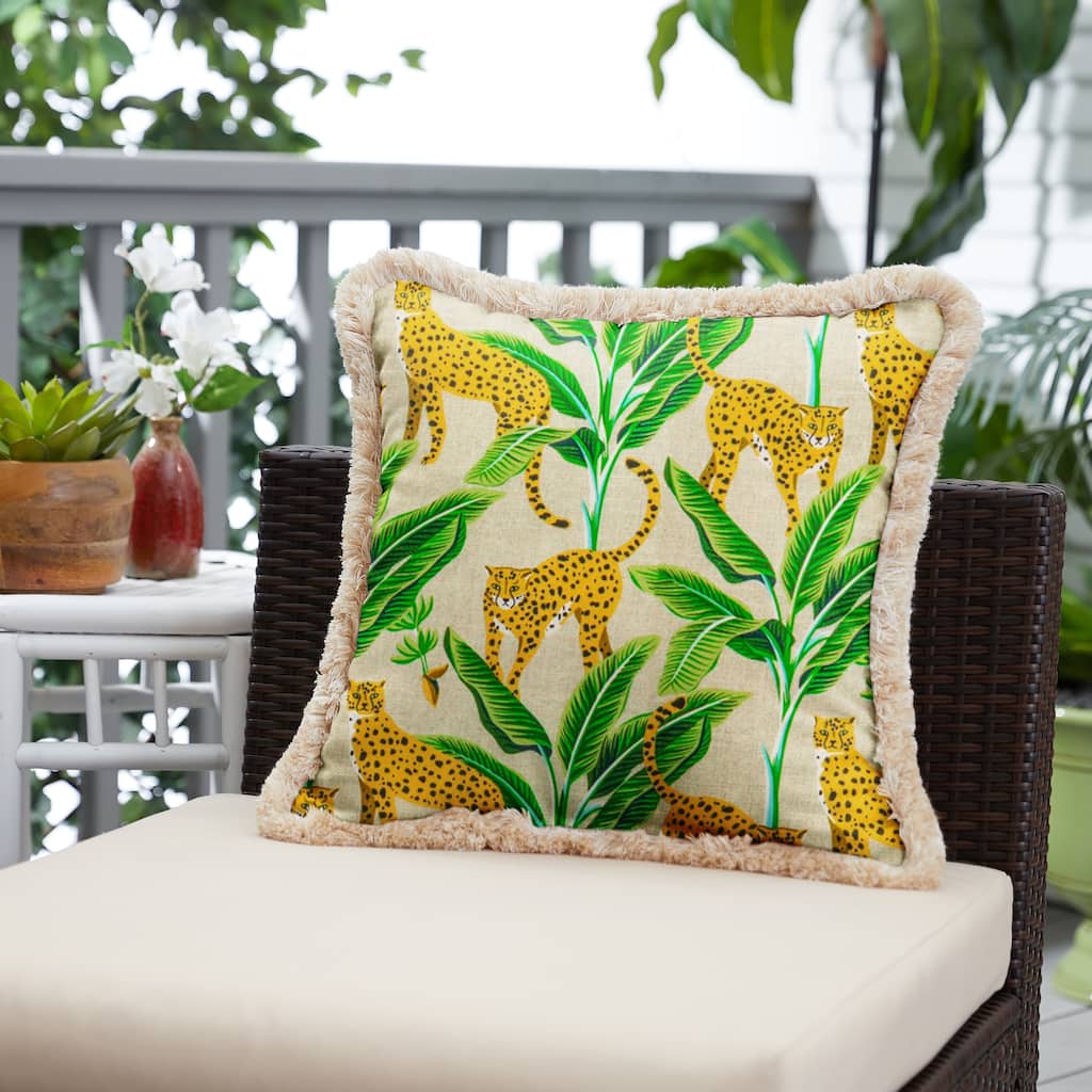 Cheetah Print Indoor/Outdoor Square Pillow with Fringe - 18 in L x 18 in W