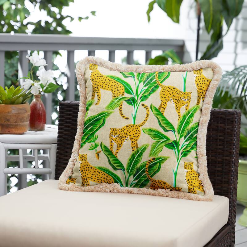 Cheetah Print Indoor/Outdoor Square Pillow with Fringe - 18 in L x 18 in W