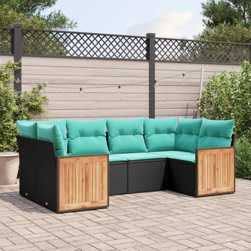 vidaXL 6 Piece Patio Sofa Set with Cushions Black Poly Rattan - 21.7x27.2x24.4