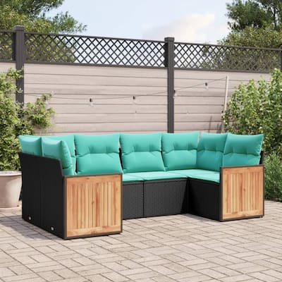 vidaXL 6 Piece Patio Sofa Set with Cushions Black Poly Rattan - 21.7x27.2x24.4