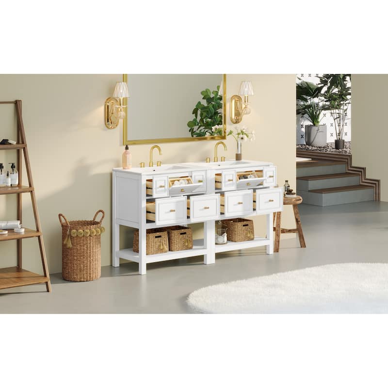 60'' Bathroom Vanity With Ceramic Sink Combo, Free Standing Single Vanity Set With 5 Drawers,Solid Wood FrameStorage Cabinet