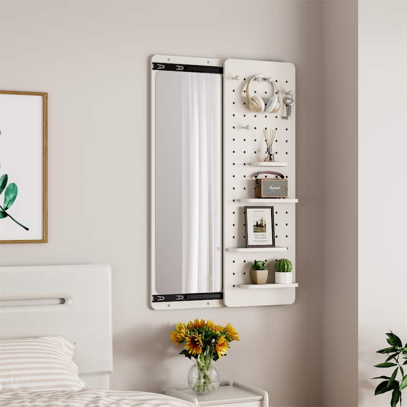 Wall Mounted Full Length Mirror with Shelf and Hook, Multifunctional Panel