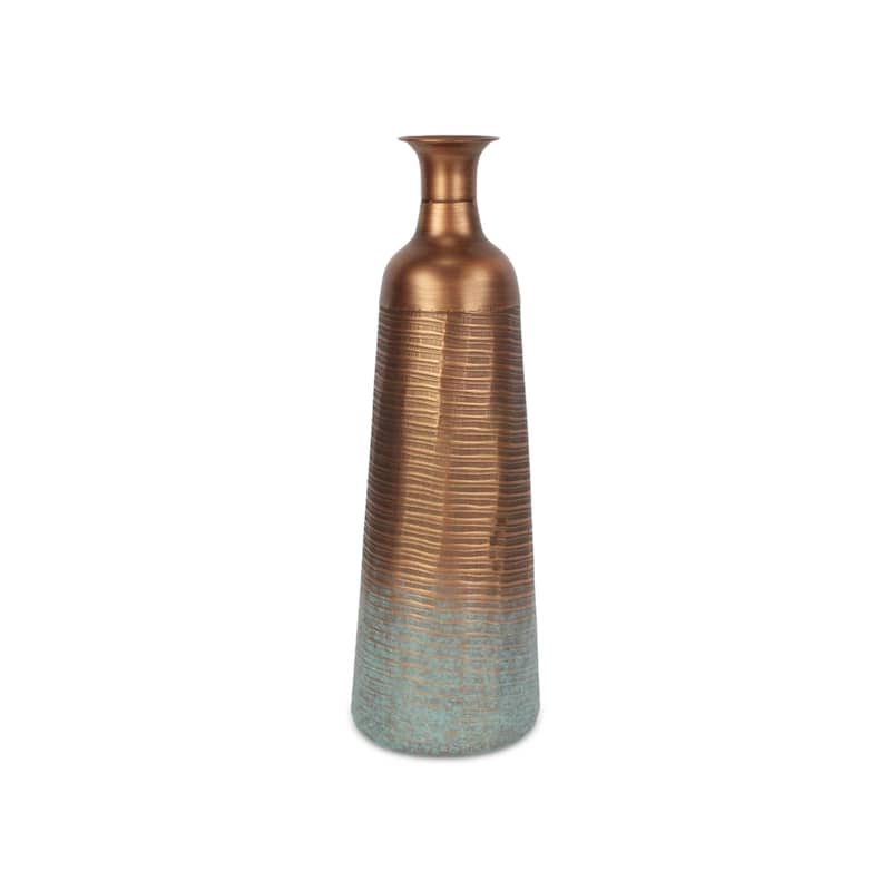 24" Copper And Teal Abstract Tapered Metal Table Vase - 7.50