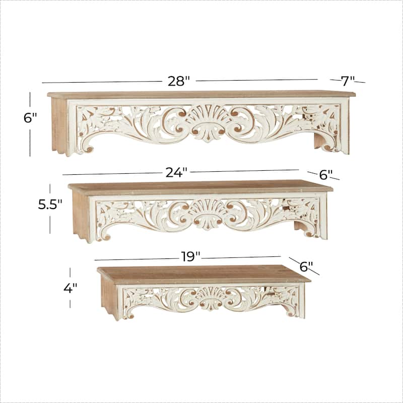 Wooden Scroll Carved 3 Shelves Wall Shelf - Set of 3 Cream - Roche River Decor - 7"W x 28"L x 6"H