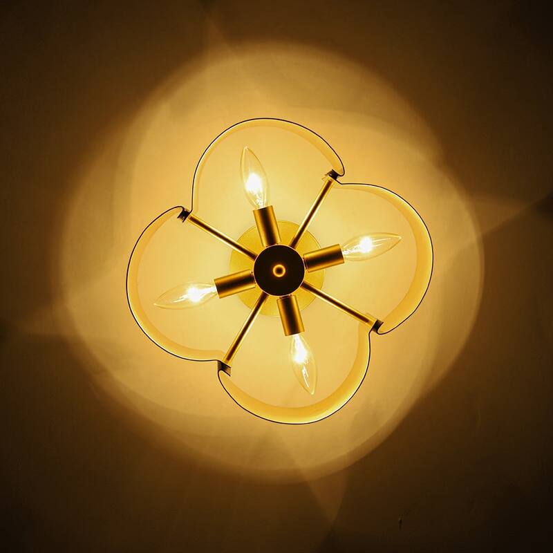 Art Deco 4-Light Black Gold Iron Flower Cage Semi Flush Mount - 14.2 inches